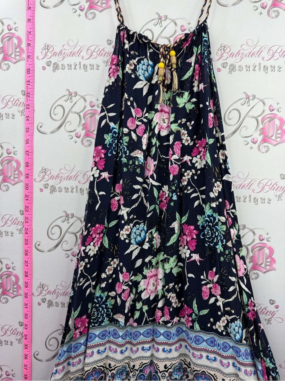 Dress long flowy braided Bohemian Floral Maxi Dress with Border Hem - Navy - Picture 3 of 16